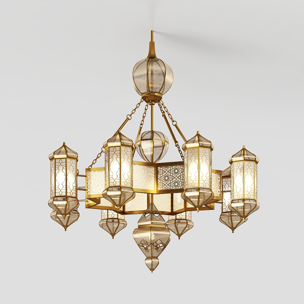 Elegant Chandelier 3D Model – Golden Metal Lighting