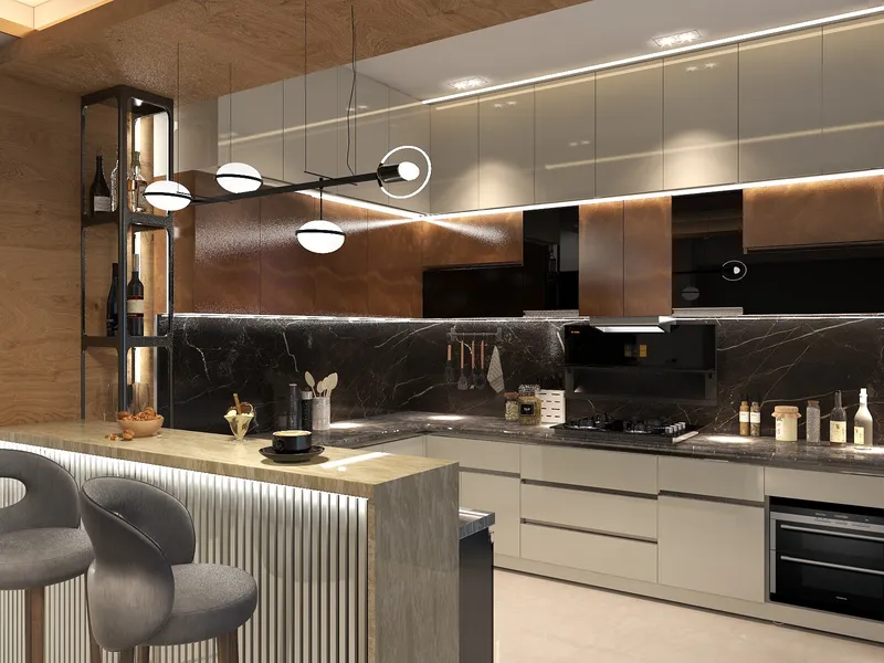 Modern kitchen with marble bar, grey chairs, black stone wall, wood cabinets and ceiling lights