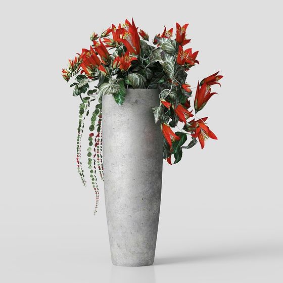 Concrete Flower Vase with Red Blooms 3D model