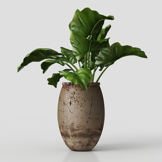 Vintage Vase with Lush Green Plant 3D model