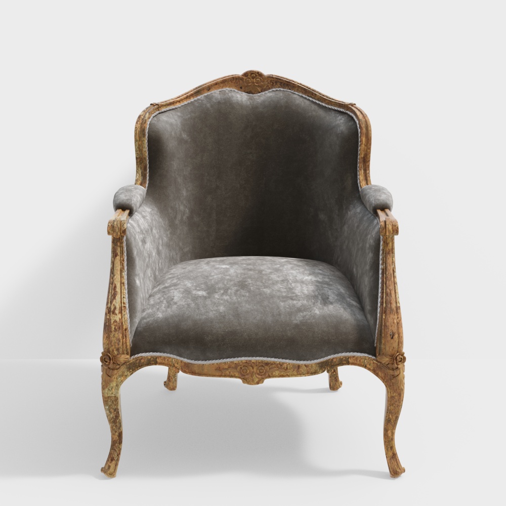 Vintage Velvet Armchair 3D Model – Plush Gray Upholstery