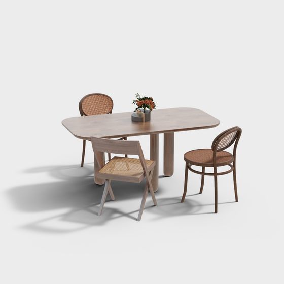Stylish Wooden Dining Table and Chair Set 3D model