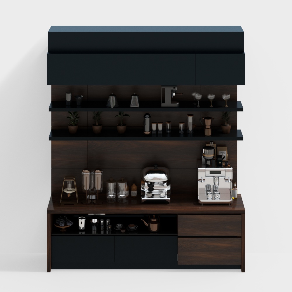 Stylish Coffee Bar 3D Model – Low-Polygon Wood & Metal