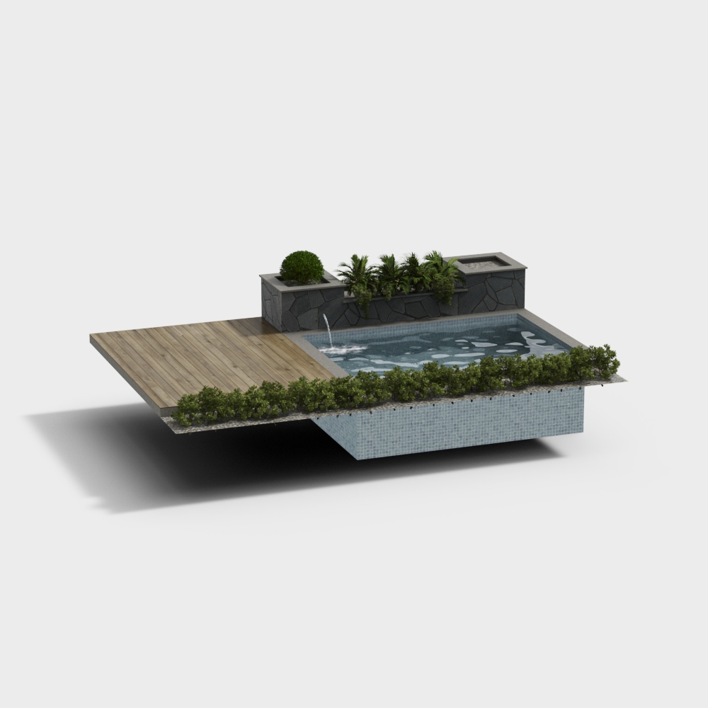 Exquisite Modern Pool 3D model with Lush Surroundings