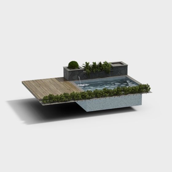 Elegant Pool 3D model Surrounded by Lush Greenery