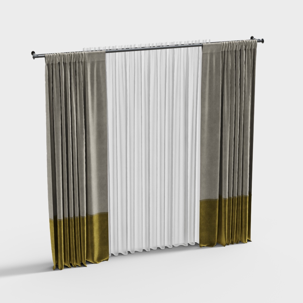 黃窗簾及金屬窗簾桿