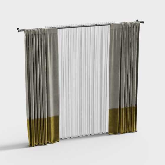 黃窗簾及金屬窗簾桿