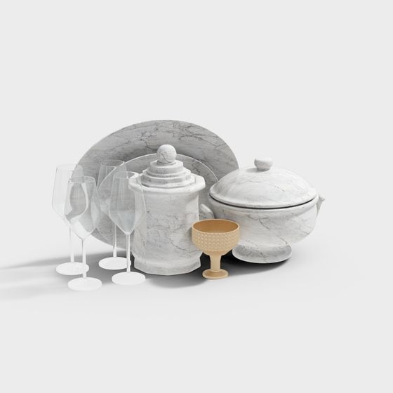 Elegant Marble Tableware Set 3D Model
