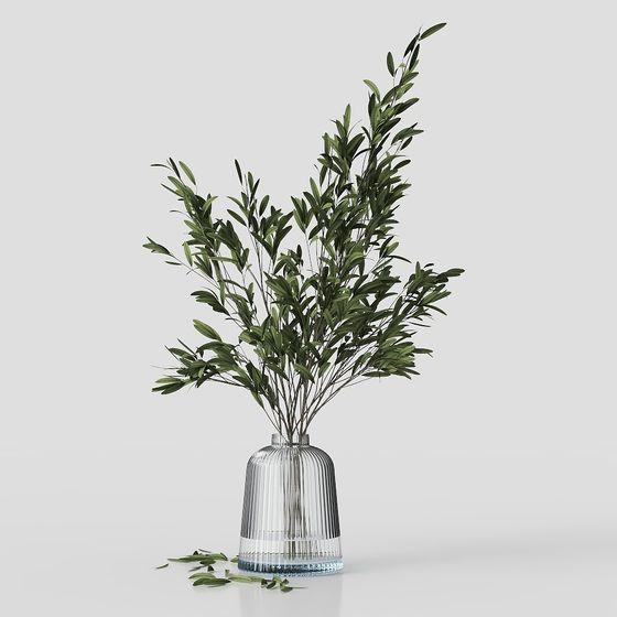 Elegant Glass Vase with Olive Branch 3D model
