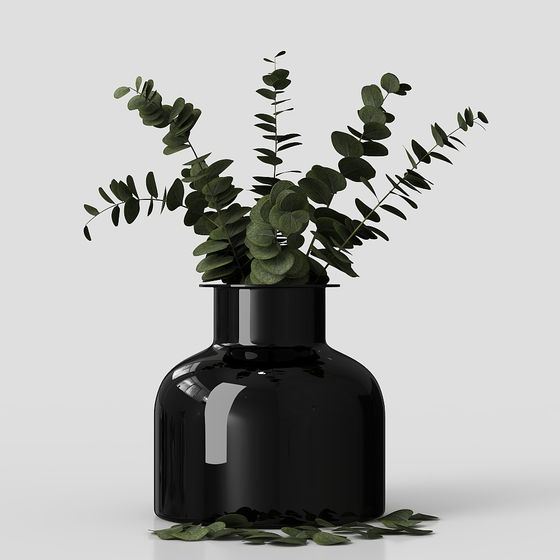 Elegant Black Vase with Eucalyptus 3D model