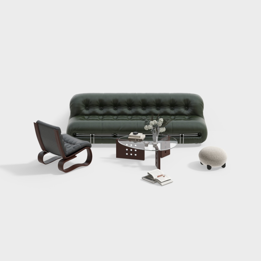 Retro Sofa 3D Model – Green Leather & Wooden Frame