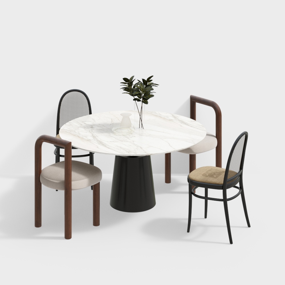 Stylish Round Table and Chair 3D Model – Marble and Wood
