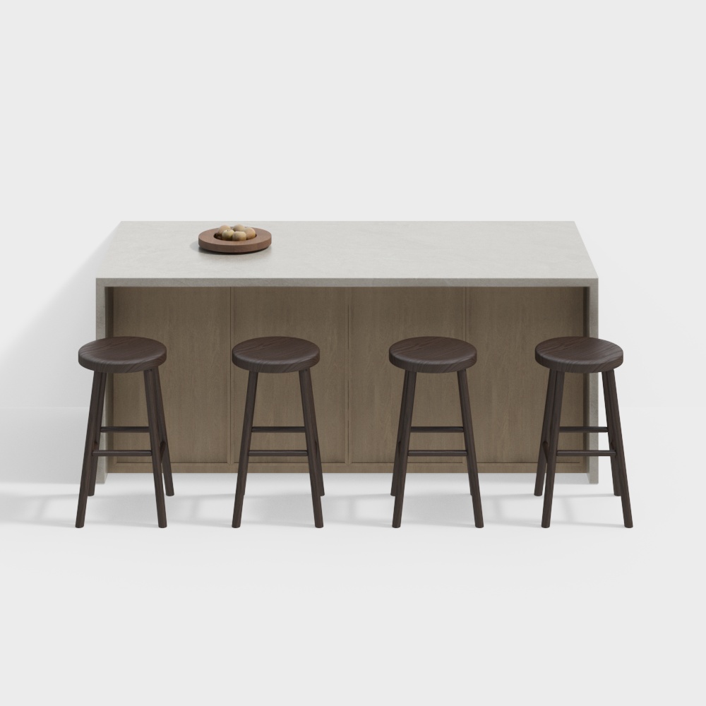 Concrete Bar Counter with Wooden Stools – Modern Low-Poly