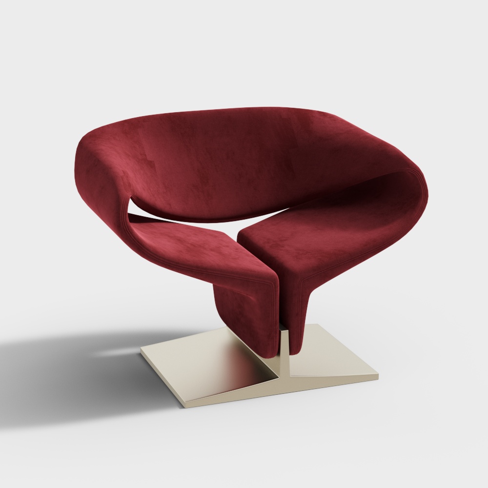 Elegant Curved Chair 3D Model – Red Velvet Design