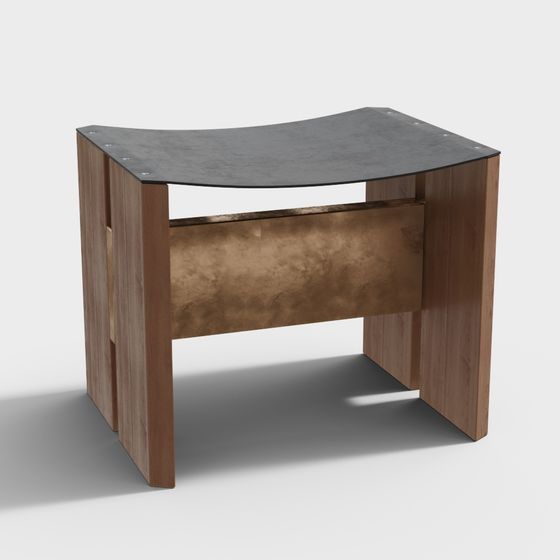 Modern Solid Wood Stool 3D Model in Brown Finish