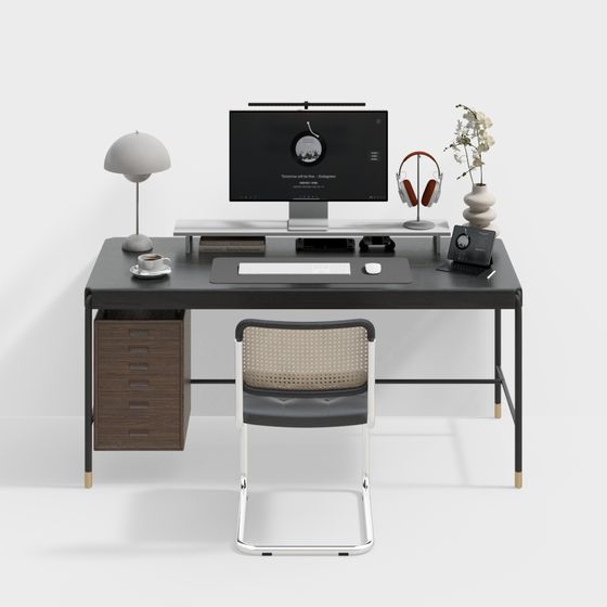 Modern Desk and Chair Combination 3D Model in Black