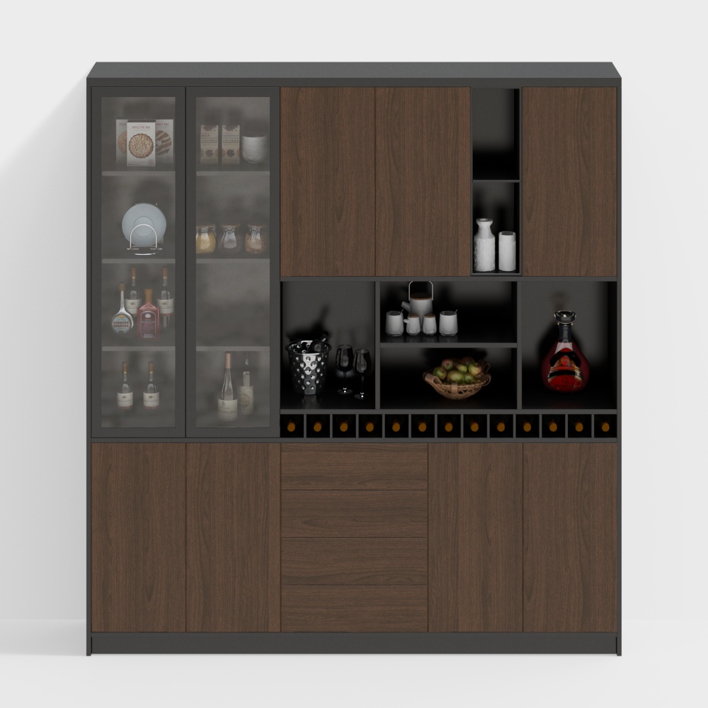 Elegant Low-Poly Bar Cabinet 3D Model – Wood and Glass