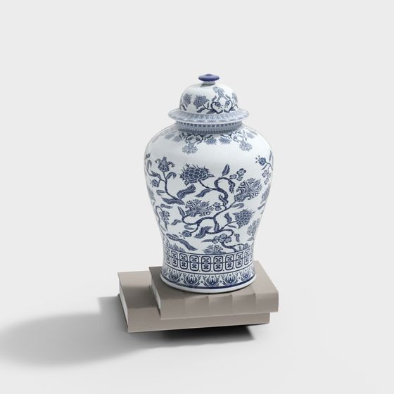 Low-Poly Blue and White Porcelain Jar 3D model