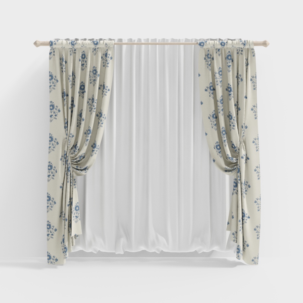 Lovely Floral Curtains 3D Model – Soft Beige Floral Fabric