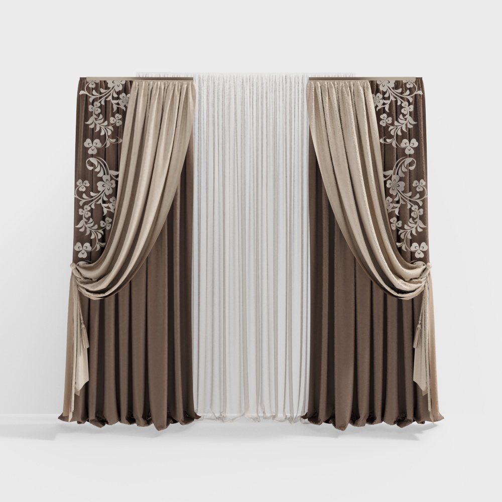Neoclassical triple curtain with cloth flower