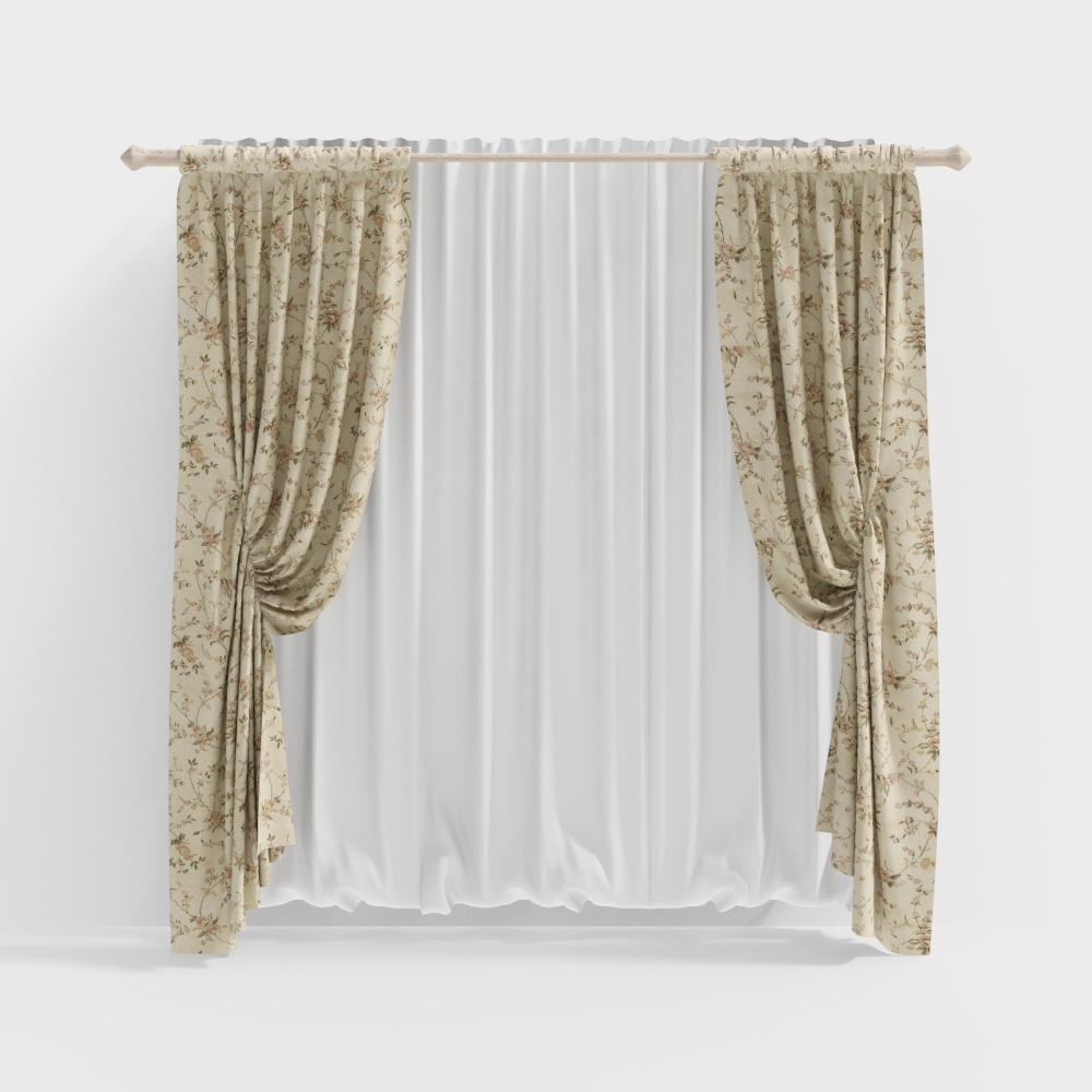 Vintage Curtain 3D Model – Floral Pattern Fabric