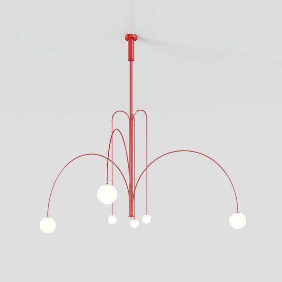 Modern red metal ceiling light with six white round bulbs on grey background