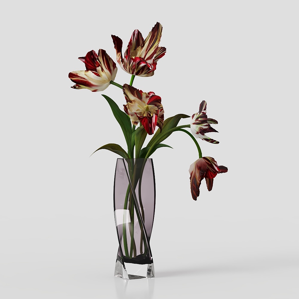 Glass Vase with Tulips 3D Model – Low Poly Floral Design