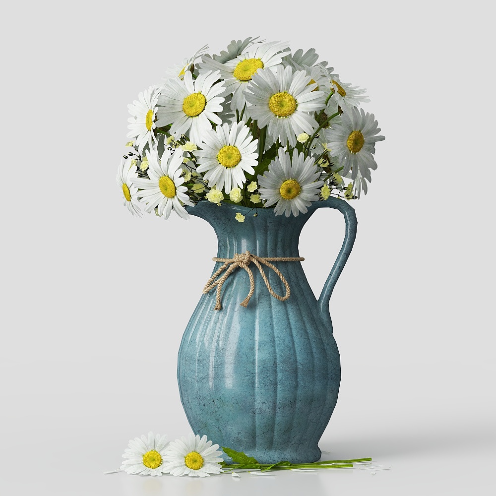 Rustic Vase with Daisies 3D Model – Vintage Blue Ceramic