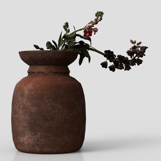 Vintage Pot with Flowers Low-Poly 3D model