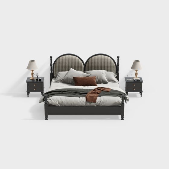 French Double Bed Combination 3D Model in Art Deco Black