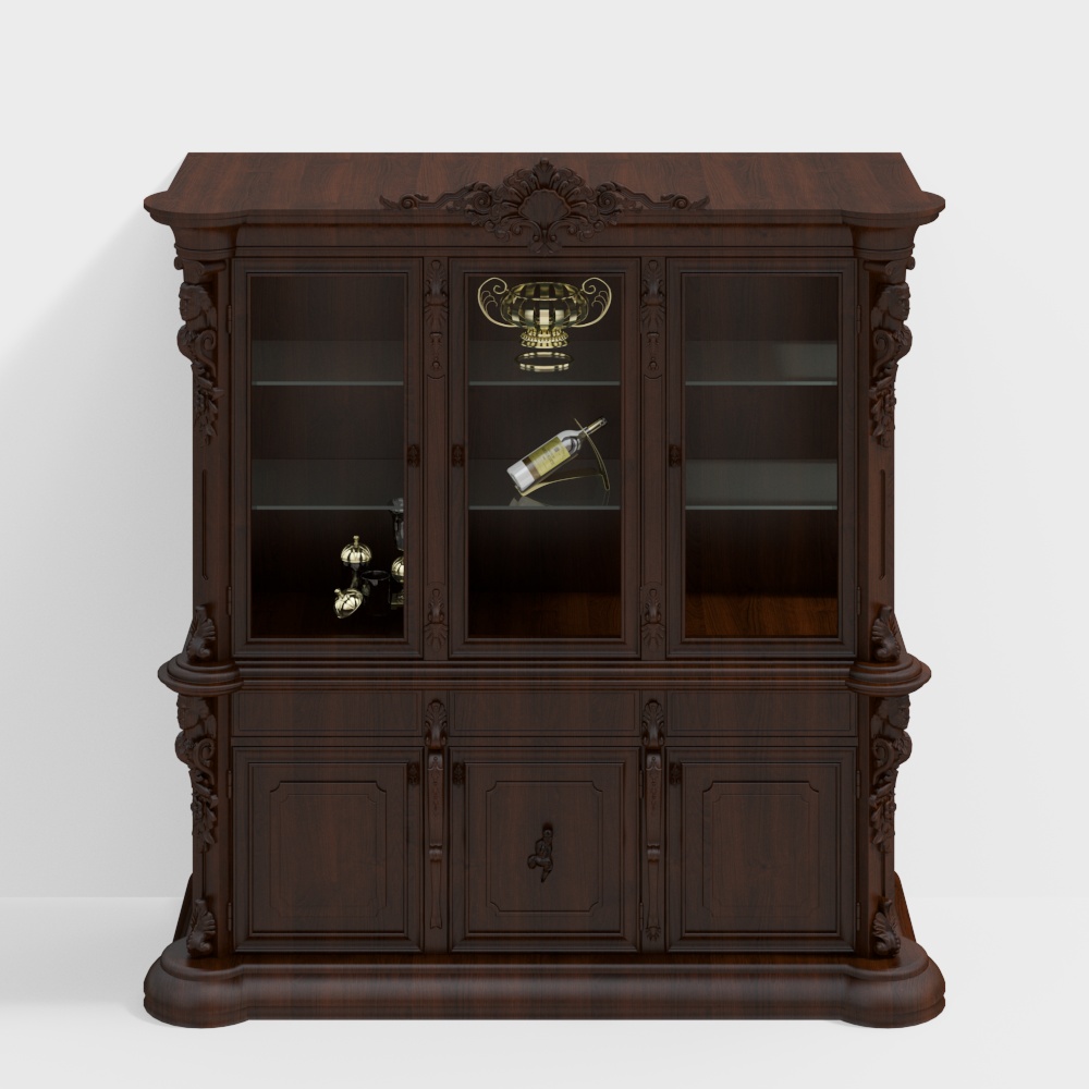 Vintage Cabinet 3D Model – Detailed Wood & Glass