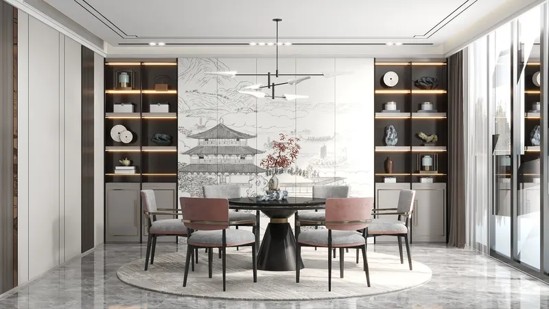 Modern dining room with round black table, pink chairs, ceiling light, and a wall painting