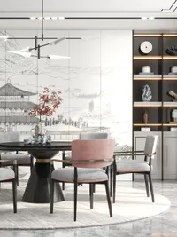 Close up of dining area showing pink chairs black table round rug and wall mural