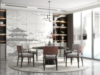 Dining room design with a large window round table grey chairs and landscape wall mural