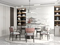 Modern dining room featuring pink chairs black table round rug ceiling light and wall art