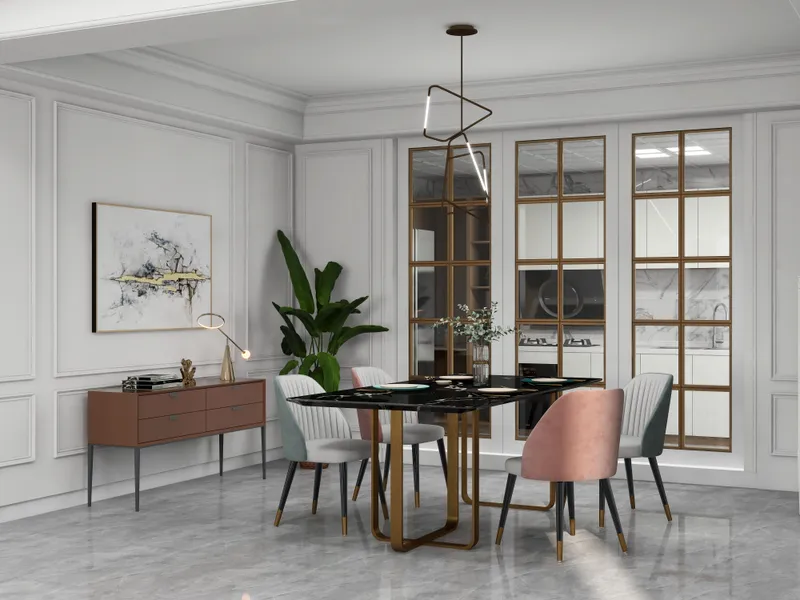 Modern dining room with black marble table pink chairs brown cabinet large plant gold light