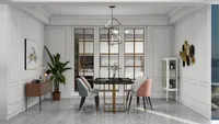 Modern dining room with black marble table pink chairs white cabinet and wall art design