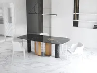 Black marble dining table with white chairs on marble floor and modern black ceiling light