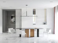 Minimalist dining room with black marble table white chairs white marble floor and ceiling light