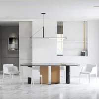 Modern dining area with black marble table white chairs marble floor and black ceiling light