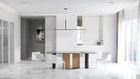 Modern dining room featuring black marble table white chairs minimalist ceiling light and polished floors