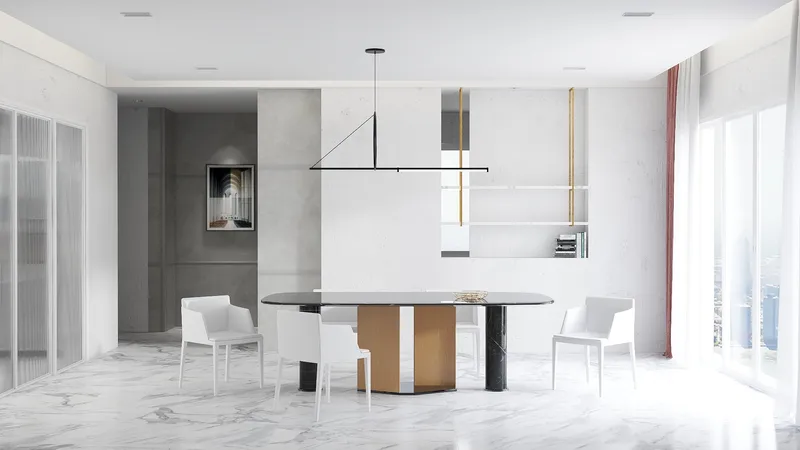 Modern dining room featuring black marble table white chairs minimalist ceiling light and polished floors