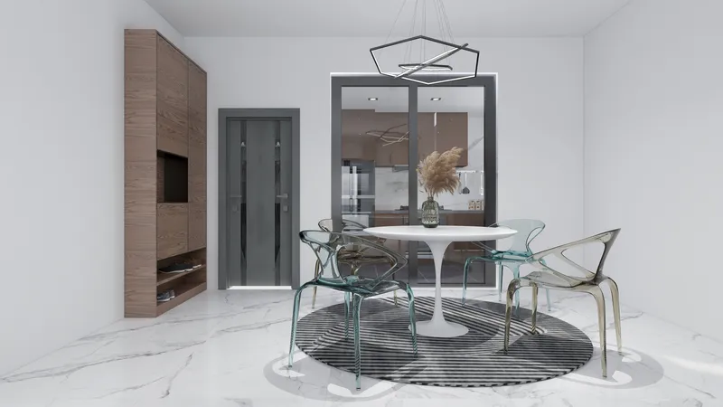 Modern dining room with white table, transparent chairs, striped rug, wooden cabinet, and ceiling light