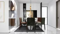Dining room showing white cabinet wine rack gold ceiling light green chairs and arched doorway