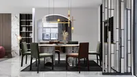 Modern dining room with marble table green chairs brown chairs gold ceiling light and rug
