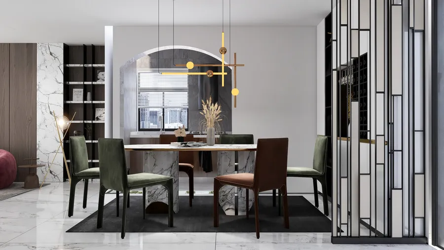 Modern dining room with marble table green chairs brown chairs gold ceiling light and rug