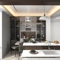 Open kitchen design drawing showing marble island with sink dining table and large wine cabinet