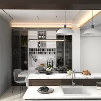 Modern kitchen interior design drawing featuring marble island sink dining table and glass wine cabinet