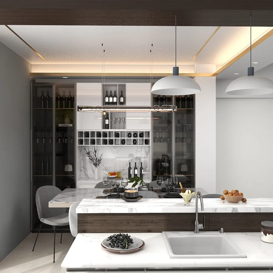 Modern kitchen interior design drawing featuring marble island sink dining table and glass wine cabinet