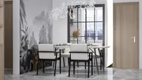 Modern dining room featuring marble table white chairs forest mural ceiling light and wooden door
